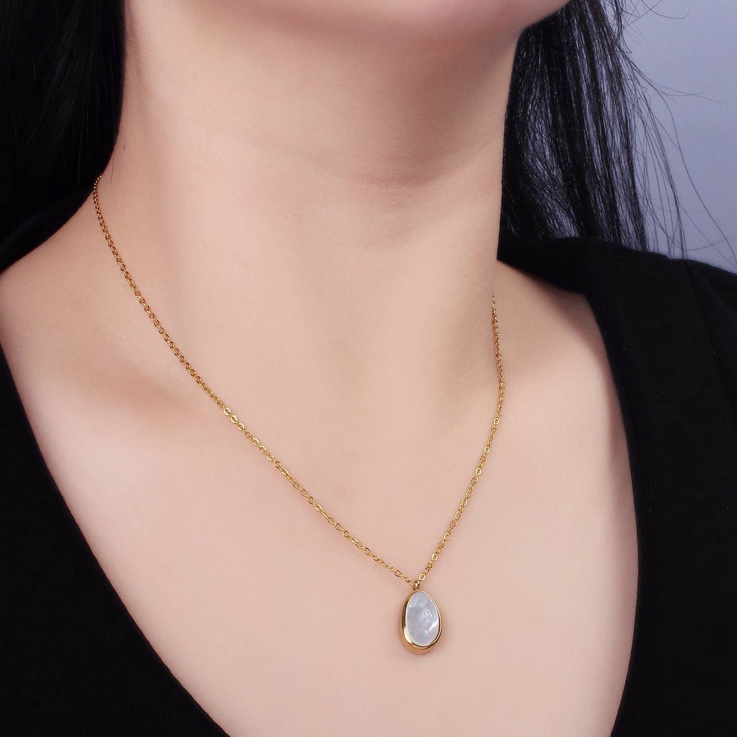 Stainless Steel Pearl Abstract Bezel Pendant Necklace