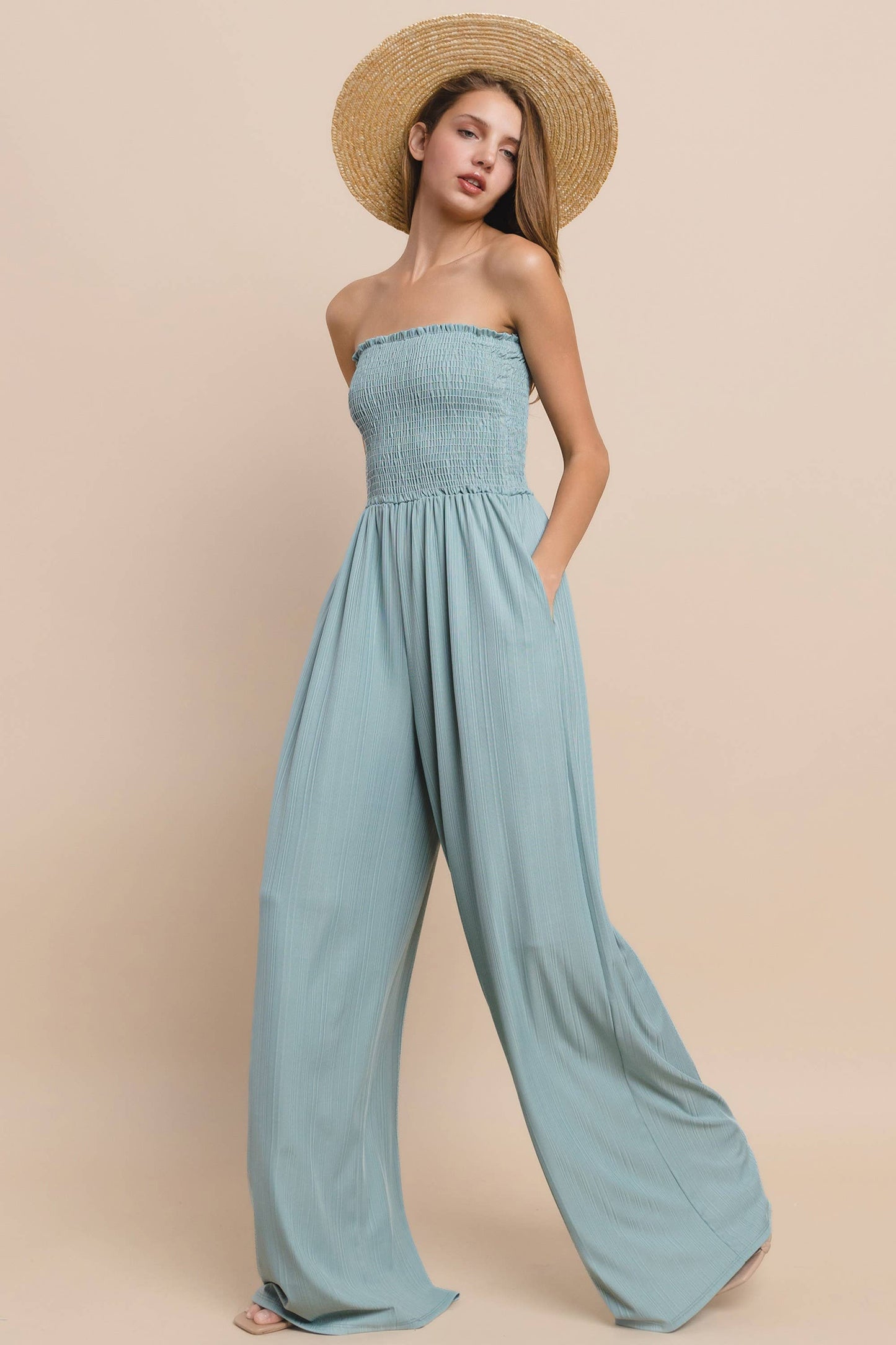 RIBBED KNIT SMOCKED TUBE JUMPSUIT W4466RA  BLUSH