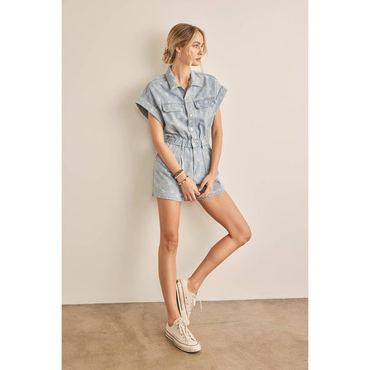 STAR PATTERENED DENIM UTILITY ROMPER