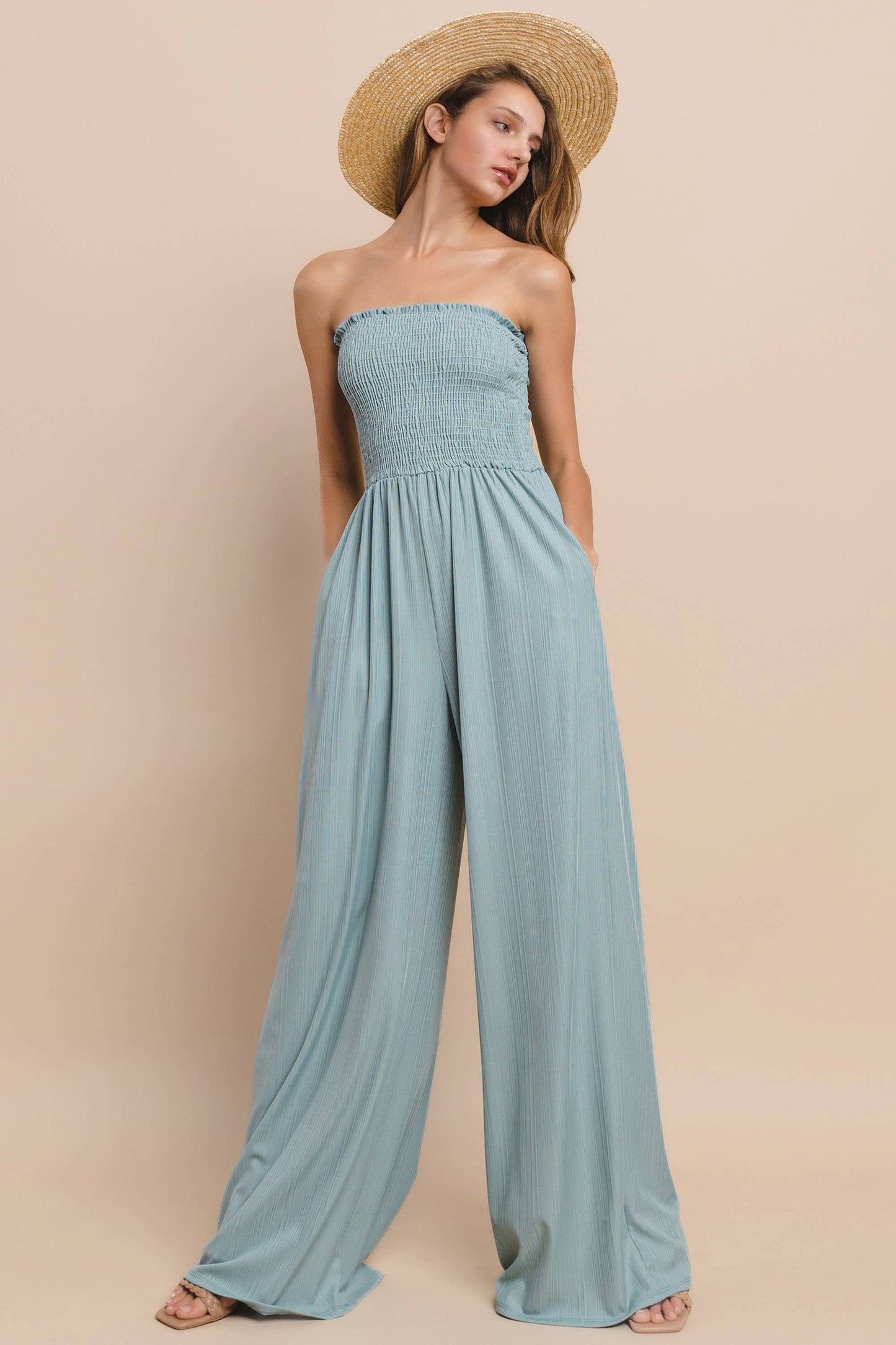 RIBBED KNIT SMOCKED TUBE JUMPSUIT W4466RA  BLUSH