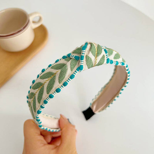 Embroidered Leaf Contrast Trim Knot Headband