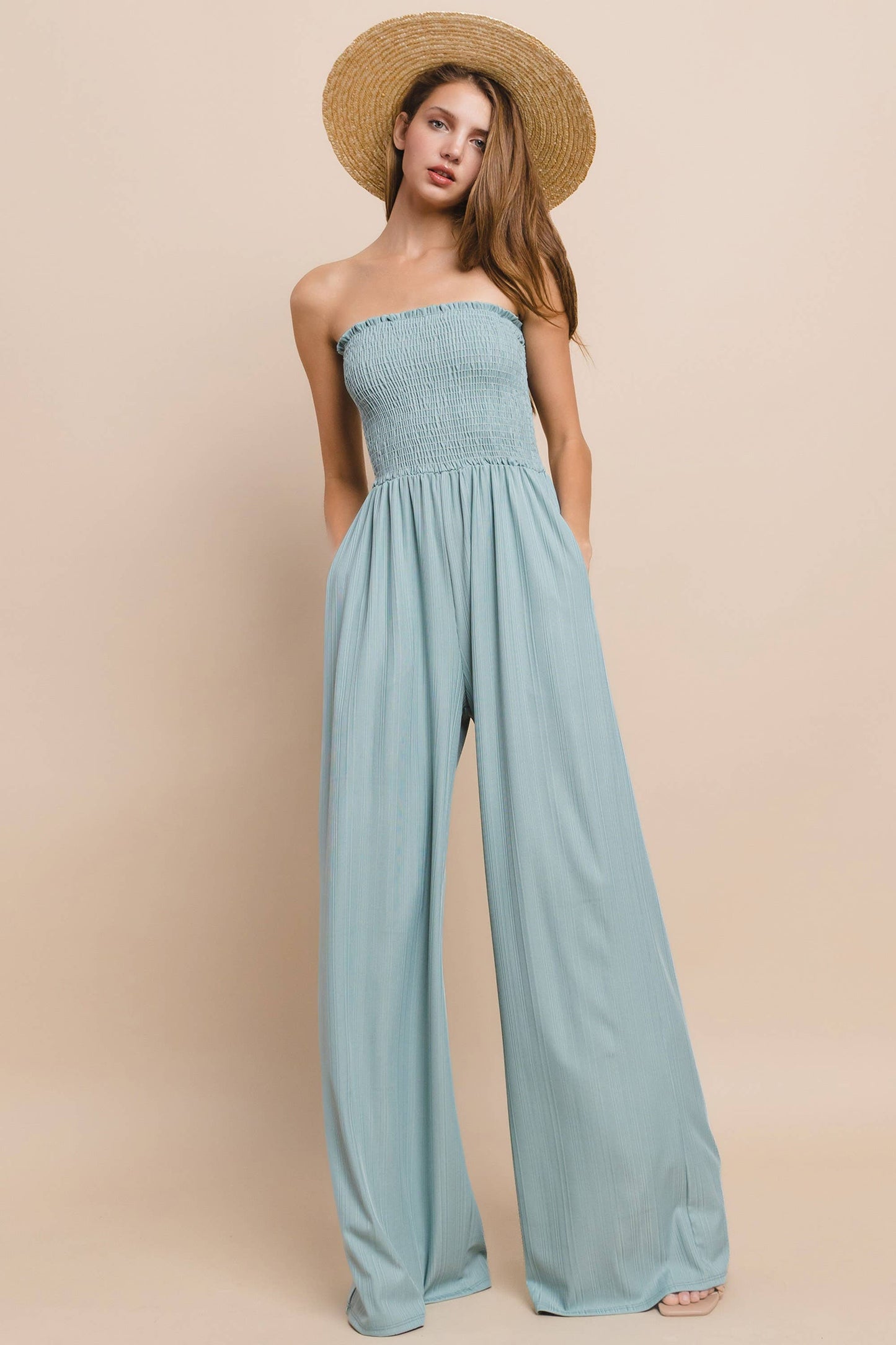 RIBBED KNIT SMOCKED TUBE JUMPSUIT W4466RA  BLUSH